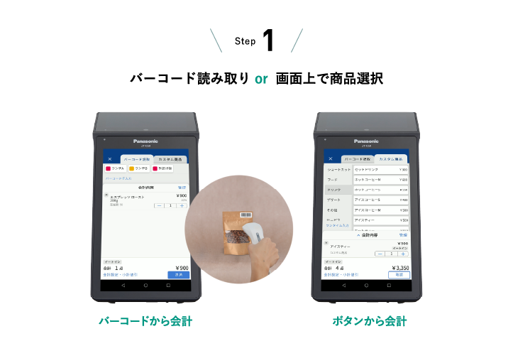 STEP1 バーコード読み取り or 画面上で商品選択