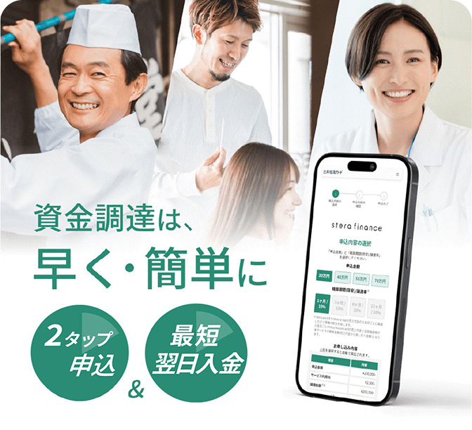 資金調達は、早く・簡単に 2タップ申込 &最短翌日入金