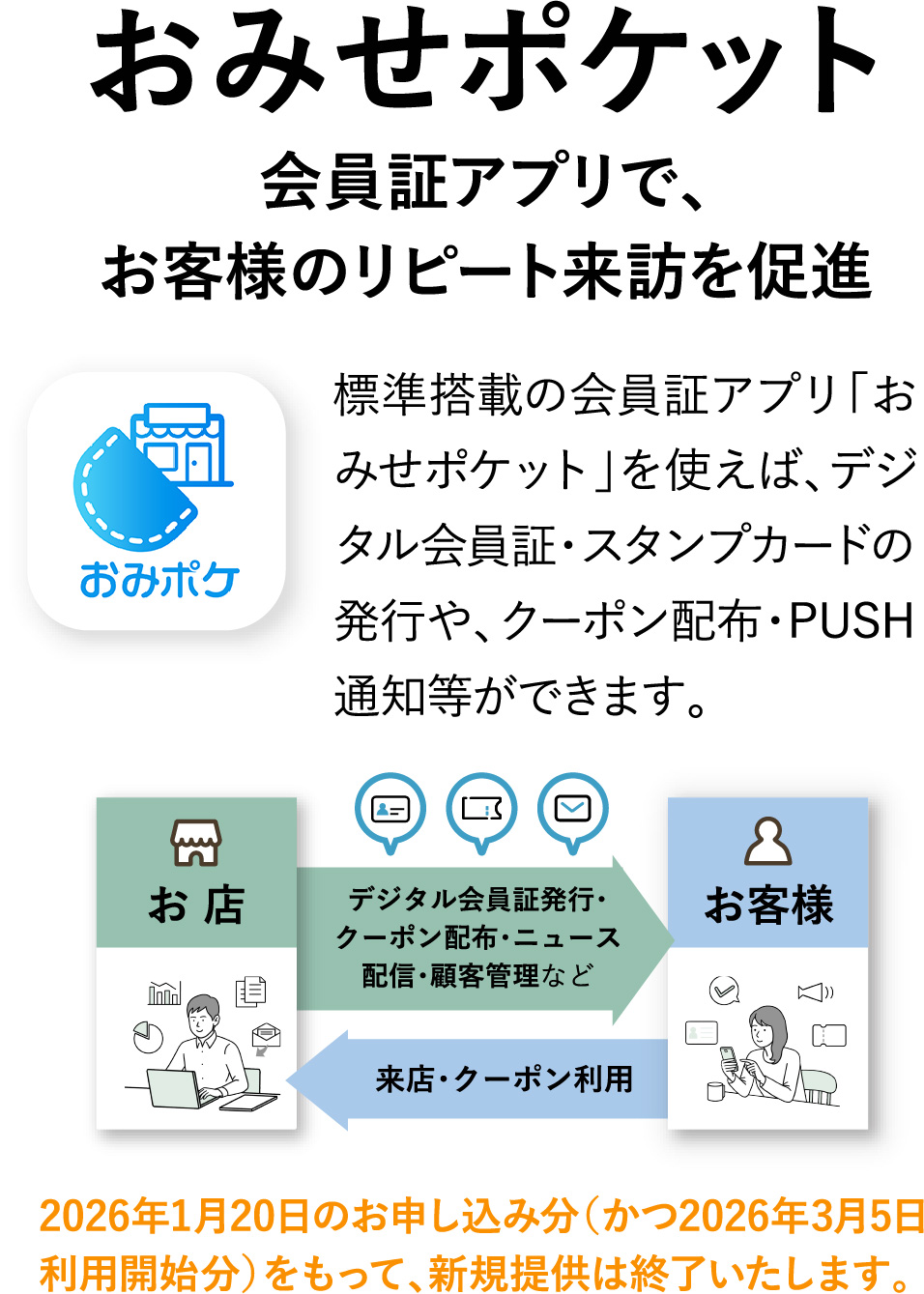 おみせポケット 会員証アプリで、お客様のリピート来訪を促進 標準搭載の会員証アプリ「おみせポケット」を使えば、デジタル会員証・スタンプカードの発行や、クーポン配布・PUSH通知等ができます。 2026年1月20日のお申し込み分(かつ2026年3月5日利用開始分)をもって、新規提供は終了いたします。